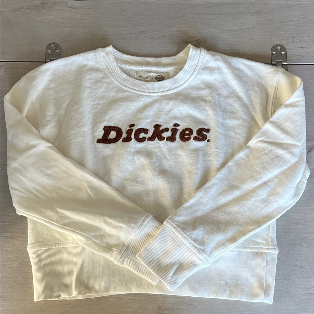 NWOT Madewell x Dickies Cropped Cream Crewneck Sweatshirt with Brown Logo
